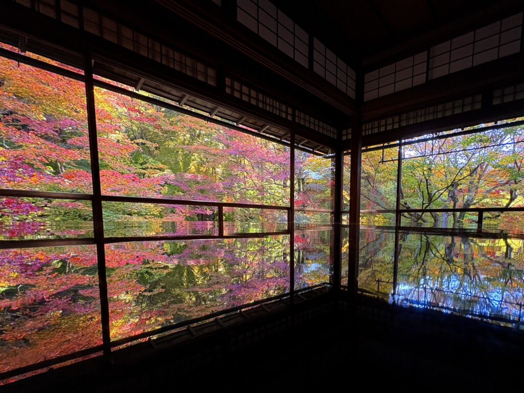 瑠璃光院の紅葉。書院の机に映り込む逆さ紅葉。