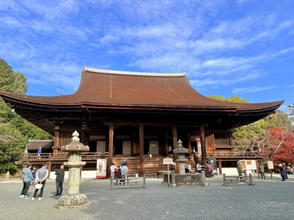 国宝の金堂と紅葉が美しく調和し、寺院ん建物を彩っています。