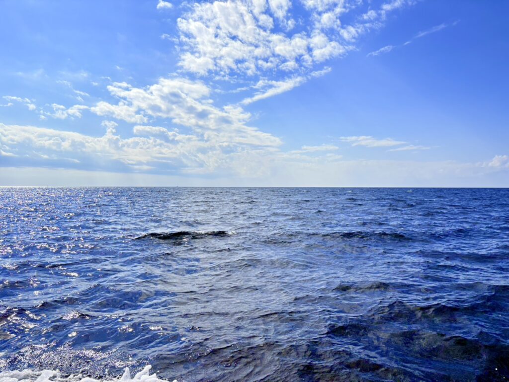 西伊豆 の海。水平線まで広がる青い海を撮影した風景。穏やかな波が揺れ、太陽の光が水面に反射してきらめいている。上空には白い雲が浮かび、晴れた空が広がっている。