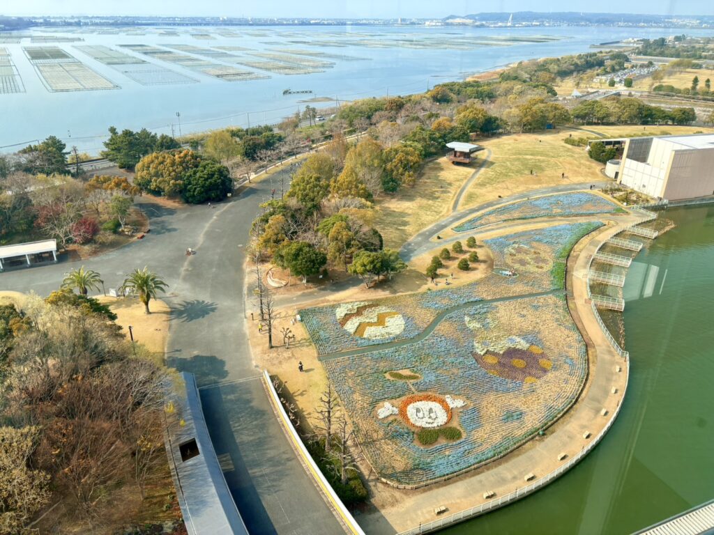 展望台から見た花ひろばに咲くネモフィラの景色と浜名湖