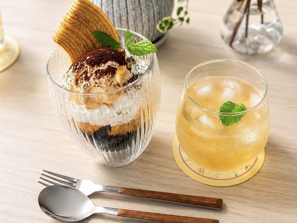 コーヒーゼリーにバームクーヘン、ホイップ、アイスを重ねたパフェ風スイーツ。ピーチティソーダと一緒に。